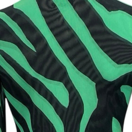 AFRM Green Black Zebra Long Sleeve Mesh Plunge Tie A Line Mini Dress Size XS