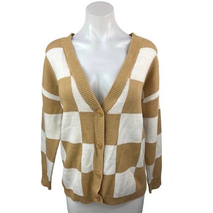 NEW Glassons Tan White Knit Neutral Check V Neck Cardigan Sweater Top Size XS