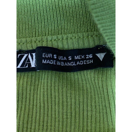 Zara Women's Green Rib Knit Collared V Neck Long Sleeve Crop Polo Shirt Top Sz S