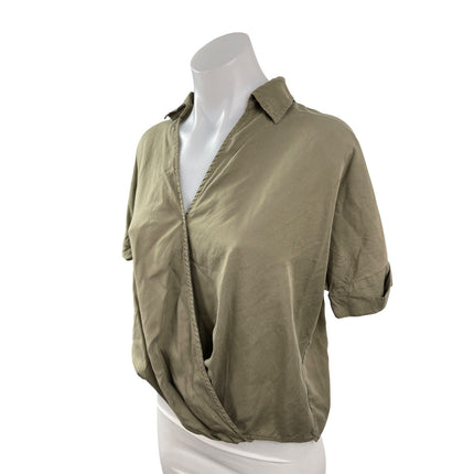 Lou & Grey for Loft Women's Green Collared Short Sleeve Wrap Front Blouse Top S