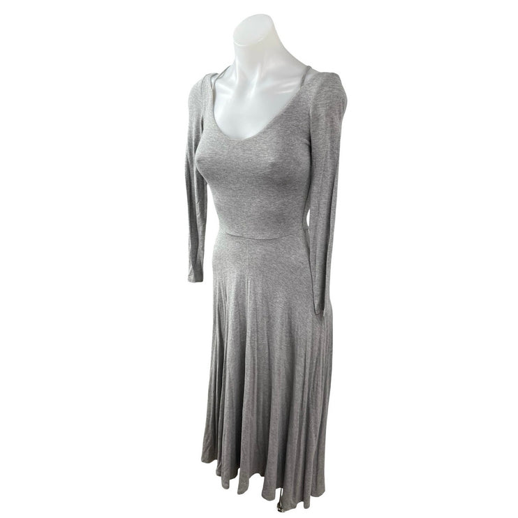 H&M Gray Heather Long Sleeve Scoop Neck Pleated Fit & Flare Midi Dress Size 2