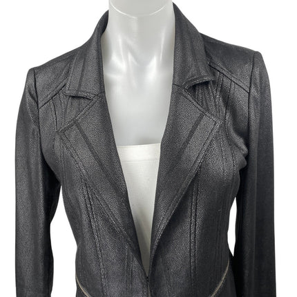 Charlie B Black Faux Vegan Leather Long Sleeve Collared Moto Coat Jacket Size XS