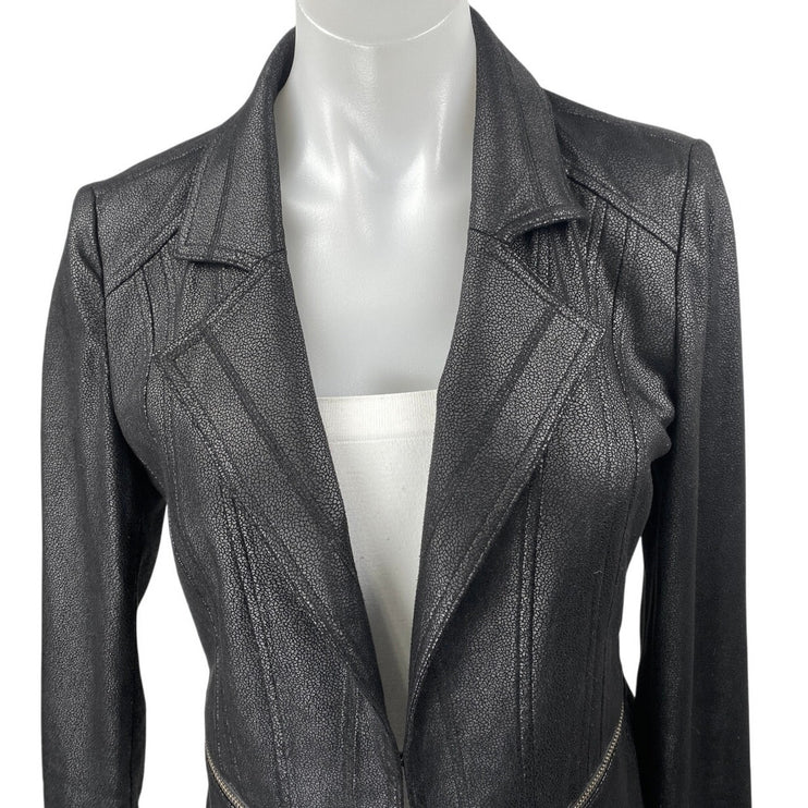 Charlie B Black Faux Vegan Leather Long Sleeve Collared Moto Coat Jacket Size XS