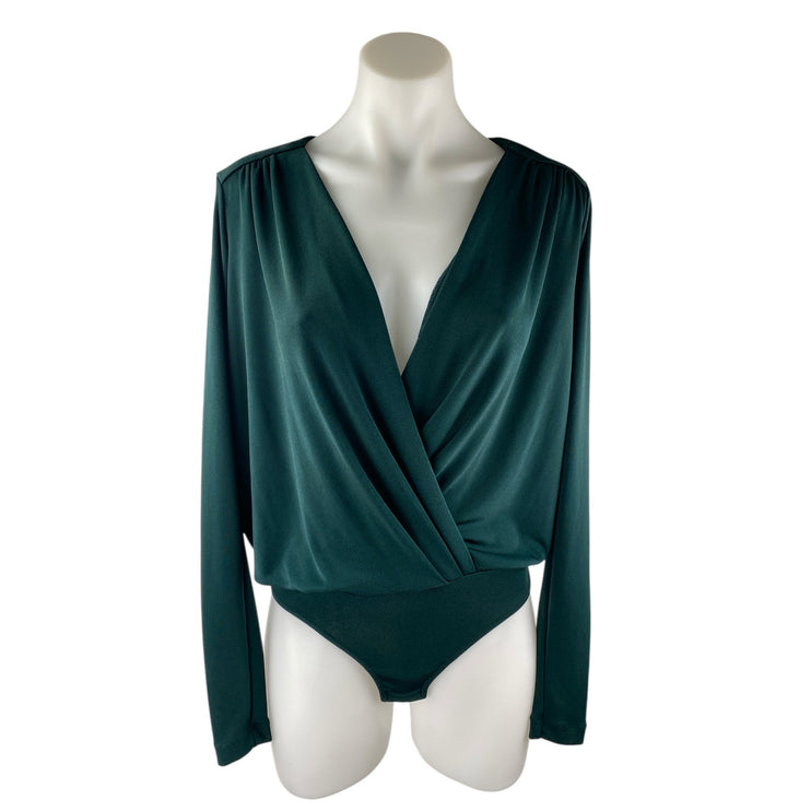 Free People Turnt Green Long Sleeve Draped V Neck Wrap Bodysuit Blouse Top Sz S