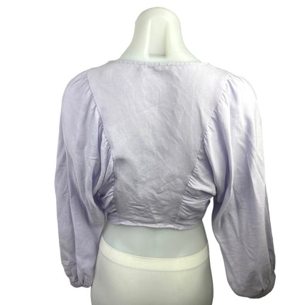 Zara Purple Linen Deep V-Neck 3/4 Balloon Sleeve Boxy Cropped Top Blouse Size S