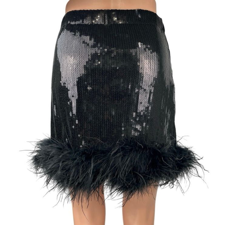 12th Tribe Black Sequin Feather Darling Novelty High Waist Pencil Mini Skirt L