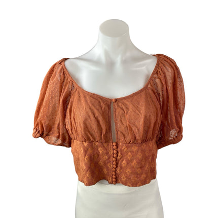 Free People Heartstrings Summer Orange Floral Puff Sleeve Crop Blouse Top Size M