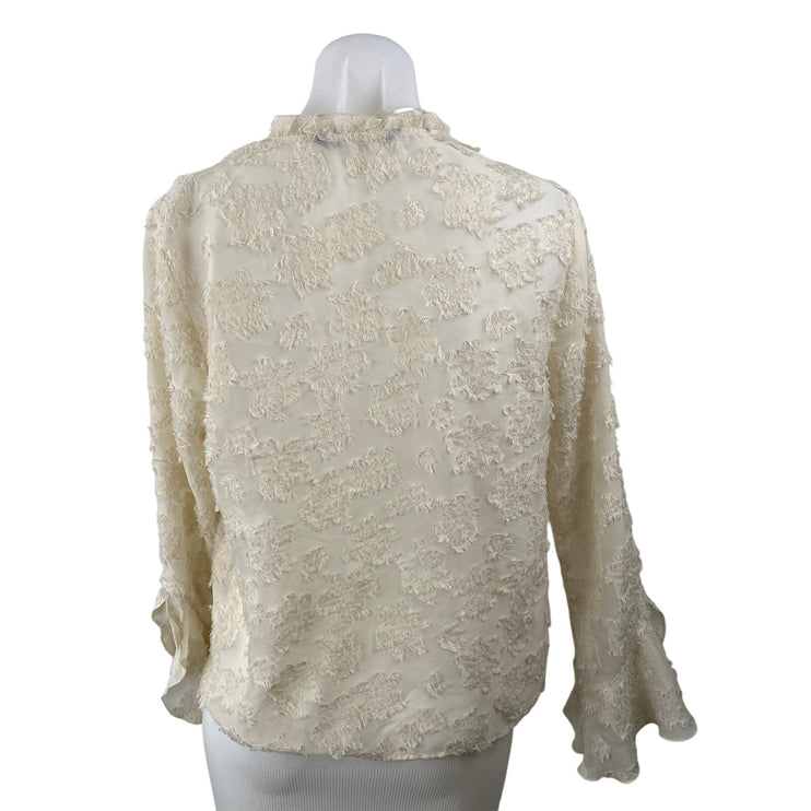 Zara Cream Beige Distressed Fringe Long Sleeve Ruffle Shirt Blouse Top Size S