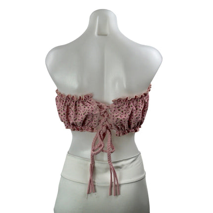 Something Navy Pink Floral Strapless Ruffle Lace Up Tube Bandeau Crop Top Size M