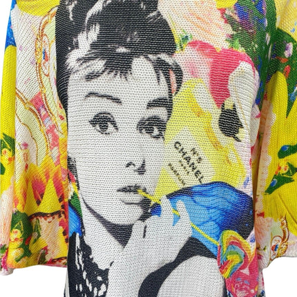 Women's Multicolor Audrey Hepburn Comics Knit Half Sleeve Sweater Top Size 3