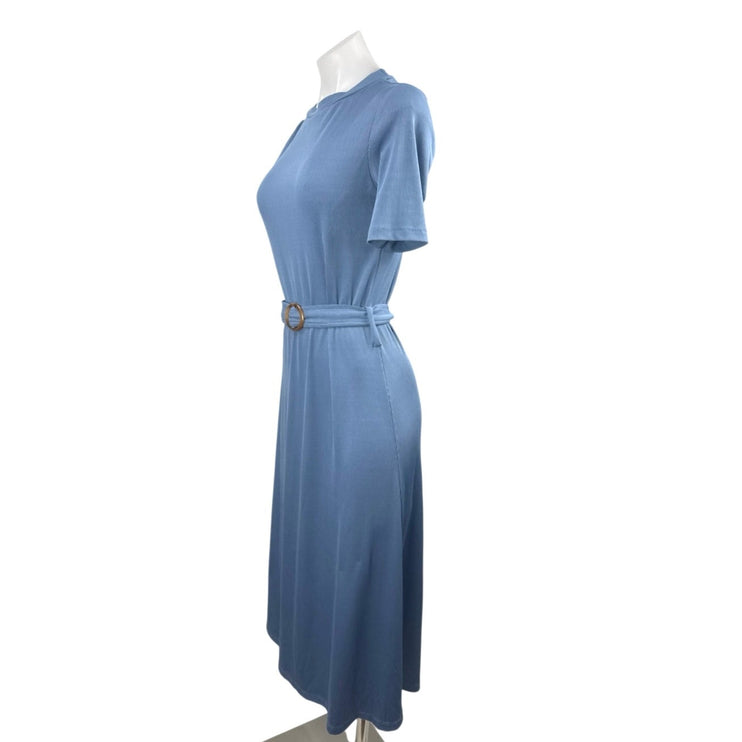 Cider Women's Blue Ribbed Knit Belted Short Sleeve Midi Flare A-Line Dress Sz XS
