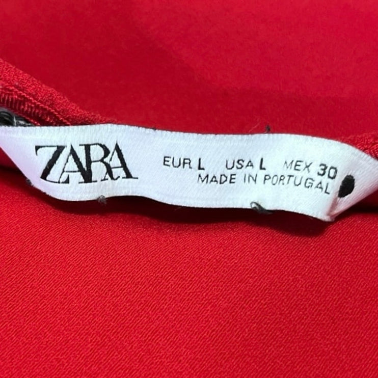 Zara Red Front Keyhole Bell Sleeve Tie Waist Career Business Blouse Top Size L