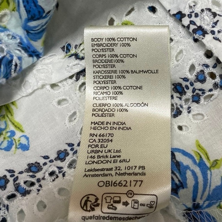 Free People Blossom Multicolor Floral Eyelet V-neck Puff Sleeve Blouse Top Sz M