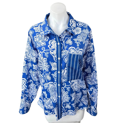 Foxcroft Marina Blue White Floral Long Sleeve Button Down Pocket Shirt Top Sz 2X