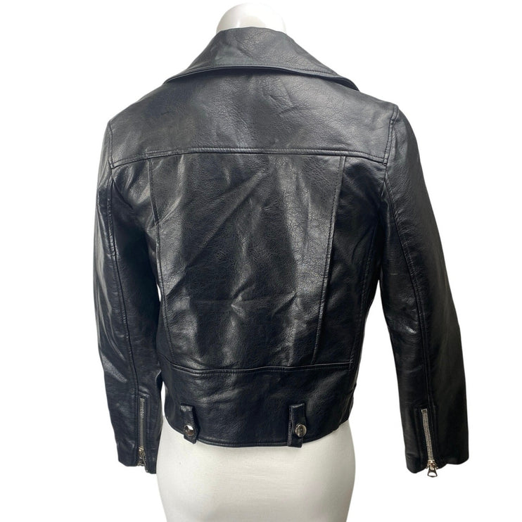 Sleek Chic Black Faux Vegan Leather Asymmetric Zip Long Sleeve Moto Jacket Sz S