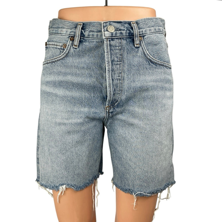 Agolde Blue Light Wash High Rise Frayed Raw Hem Cutoff Boyfriend Denim Shorts 25