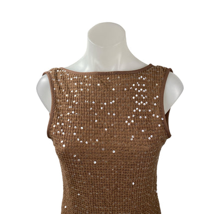 NEW Missguided Brown Sequin Boat Neck Waffle Knit Open Back Mini Dress Size S