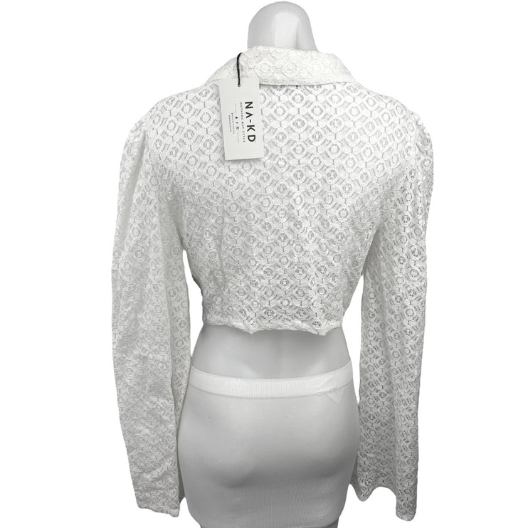 NEW NA-KD White Trumpet Sleeve Lace Tie Keyhole Collar Crop Top Blouse Size 8