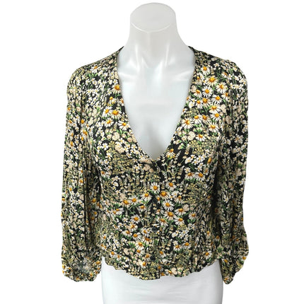 H&M Black Floral Daisy Peasant Long Sleeve V Neck Button Down Blouse Top Size M