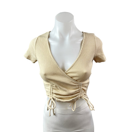 Princess Polly Women's Cream Beige Ribbed Knit V Neck Ruched Crop Top Size 2