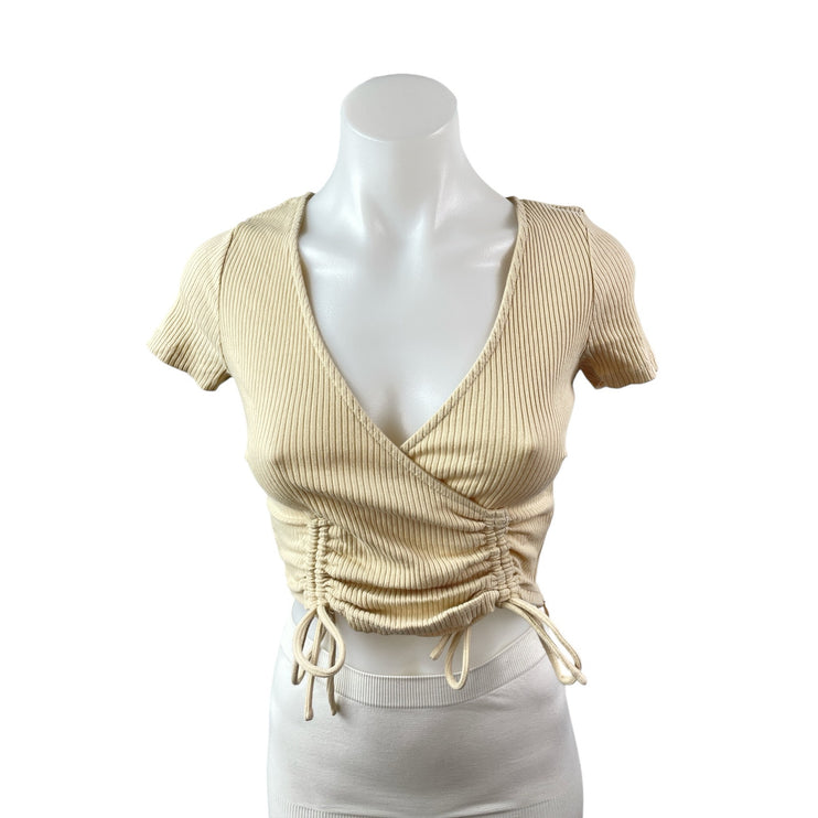 Princess Polly Women's Cream Beige Ribbed Knit V Neck Ruched Crop Top Size 2