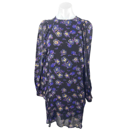 Ganni Women's Purple Floral Pansy Print Long Balloon Sleeve Mini Shift Dress 34