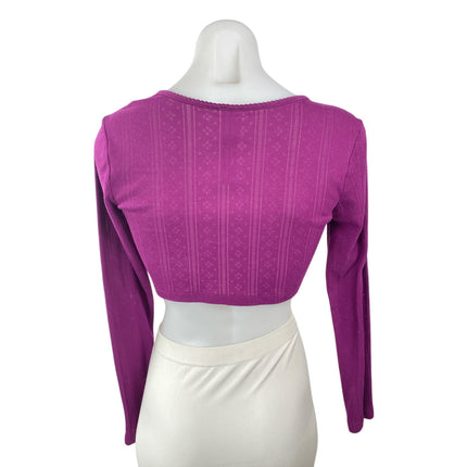 Savage Women's Purple Eyelet Knit Long Sleeve V Neck Button Up Crop Top Size S