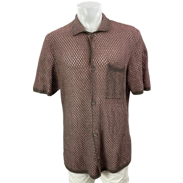 Zara Men's Brown Pink Cowboy Western Crochet Button Down Shirt Top Size L