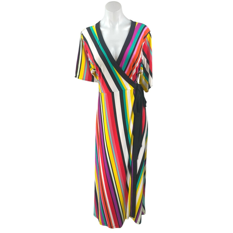 New York & Company Multicolor Striped Short Sleeve Stretch Maxi Wrap Dress Sz M
