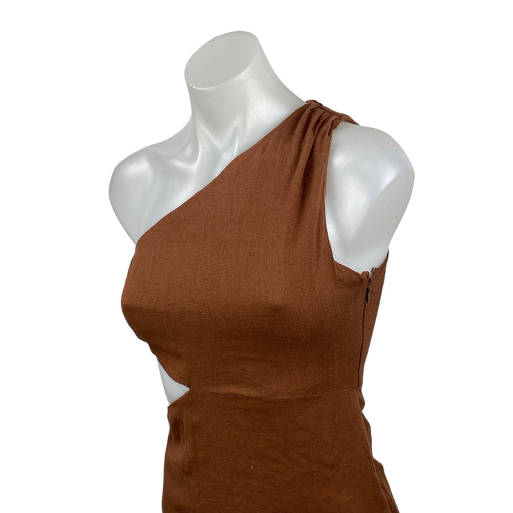 Billy J Brown Linen Cut Out One Shoulder Sleeveless Mini Tank Bodycon Dress Sz 6