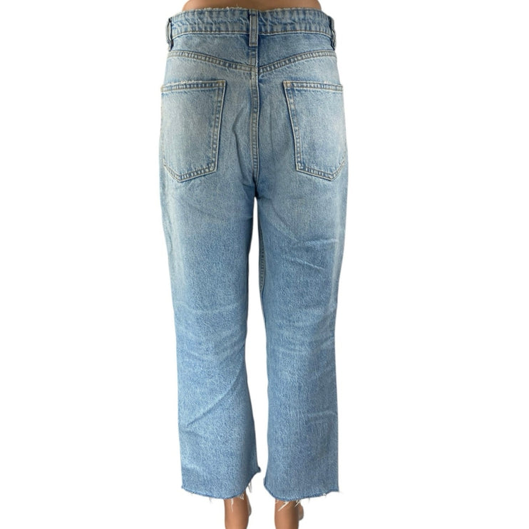 Zara Women's Blue High Waisted Frayed Raw Hem Straight Leg Denim Jeans Pants 6