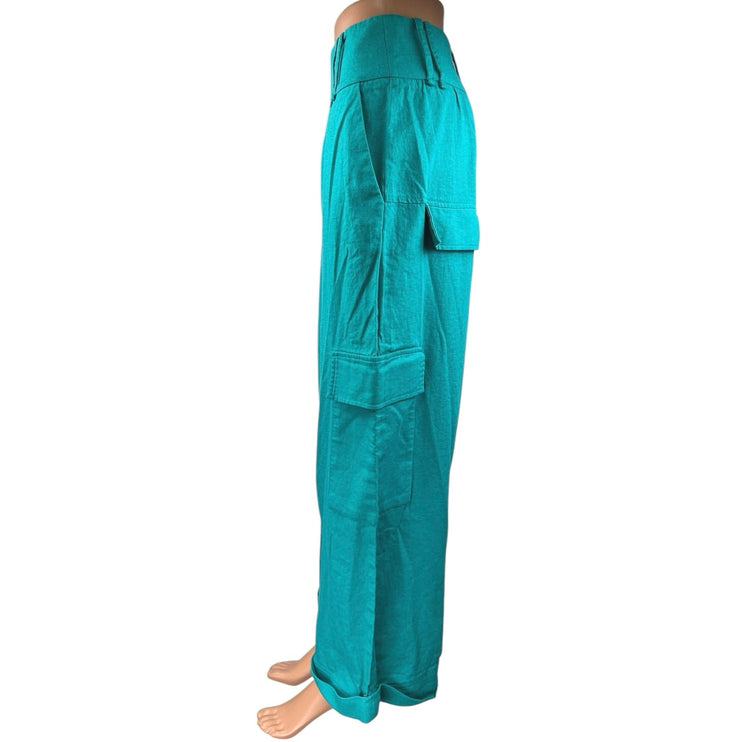 Nativozza La Rouge Blue Linen High Waisted Baggy Loose Trouser Cargo Pants 38