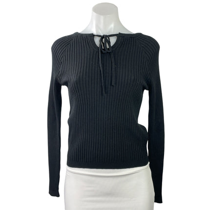 NEW Womens Black Ribbed Knit Long Sleeve Tie Neck Pullover Sweater Top Size M