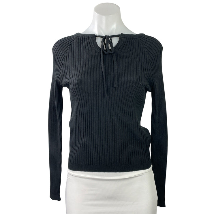 NEW Womens Black Ribbed Knit Long Sleeve Tie Neck Pullover Sweater Top Size M