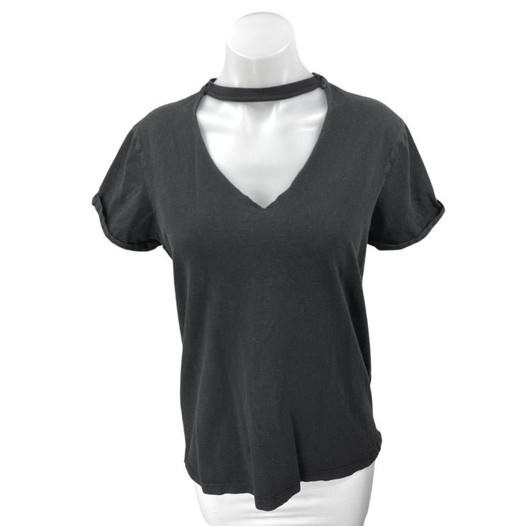 Allsaints Women's Black Short Sleeve Cutout Choker V-Neck Blouse Shirt Top Sz S