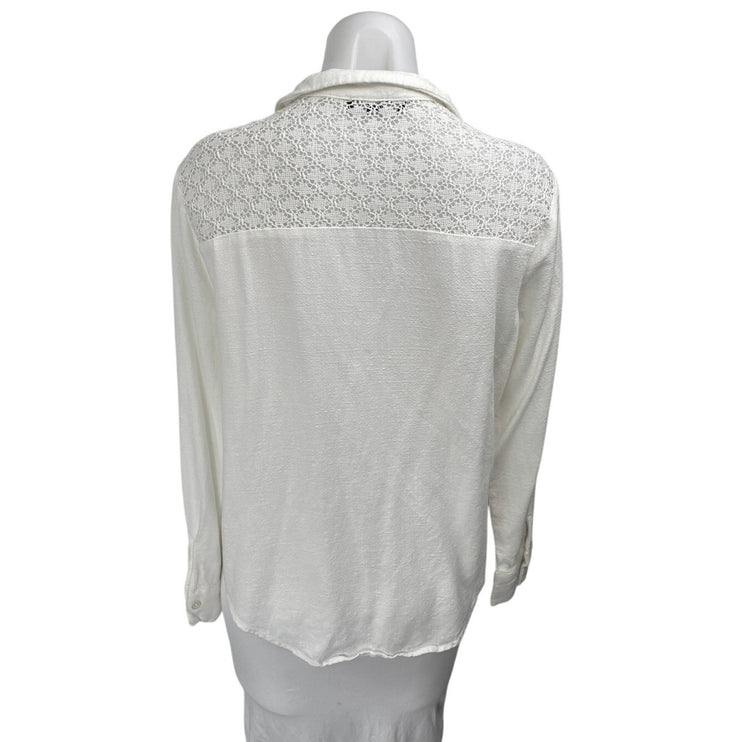 Lulus Women's White Long Sleeve Eyelet Lace Button Up Blouse Shirt Top Size M