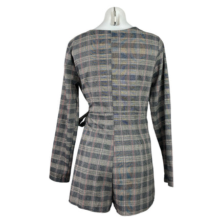 Favlux Women's Gray Plaid Houndstooth Long Sleeve Wrap Ramper Shorts Size M