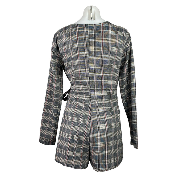 Favlux Women's Gray Plaid Houndstooth Long Sleeve Wrap Ramper Shorts Size M