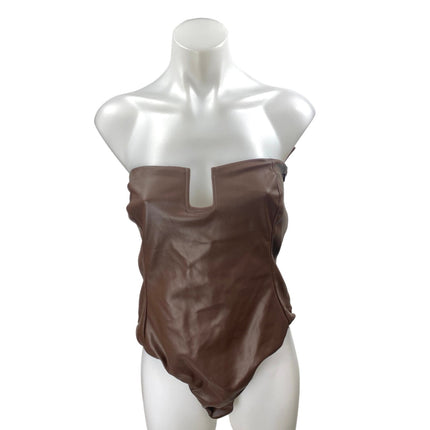 Zara Brown Strapless Faux Leather Vegan Sleeveless Tube Bandeau Bodysuit Top L
