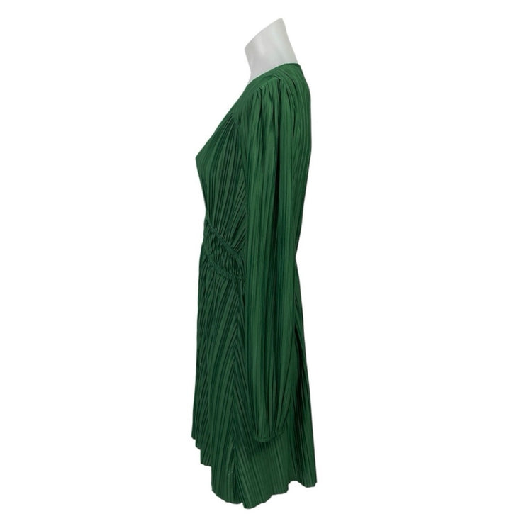 Zara Green Silk Satin Pleated Plisse Long Sleeve V Neck Fit & Flare Mini Dress M
