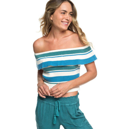 Roxy Multicolor Off The Shoulder Ribbed Knit Ruffle Cropped Sweater Top Size XS