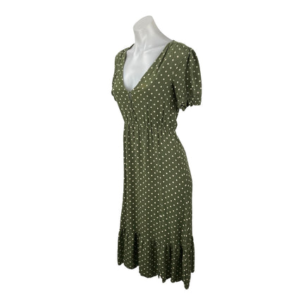 Zara Womens Green Polka Dot V Neck Puff Sleeve Button Midi Flare A-Line Dress XS