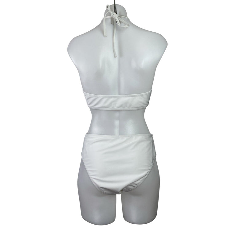 Womens White Crochet Cutout One Piece Swimsuit & Skirt Cover Up Co-ords Set Sz M