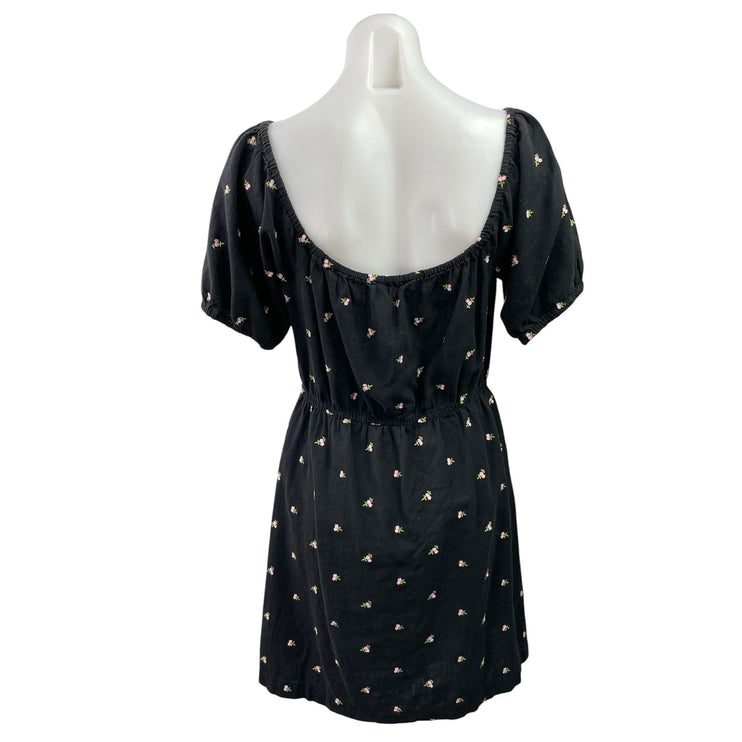 Miss Selfridge Black Floral Embroidered Puff Sleeve Fit & Flare Mini Dress Sz 6