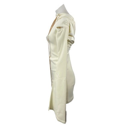 Meshki Cream Long Bell Sleeve Off The Shoulder Cutout Mini Bodycon Dress Sz XXS