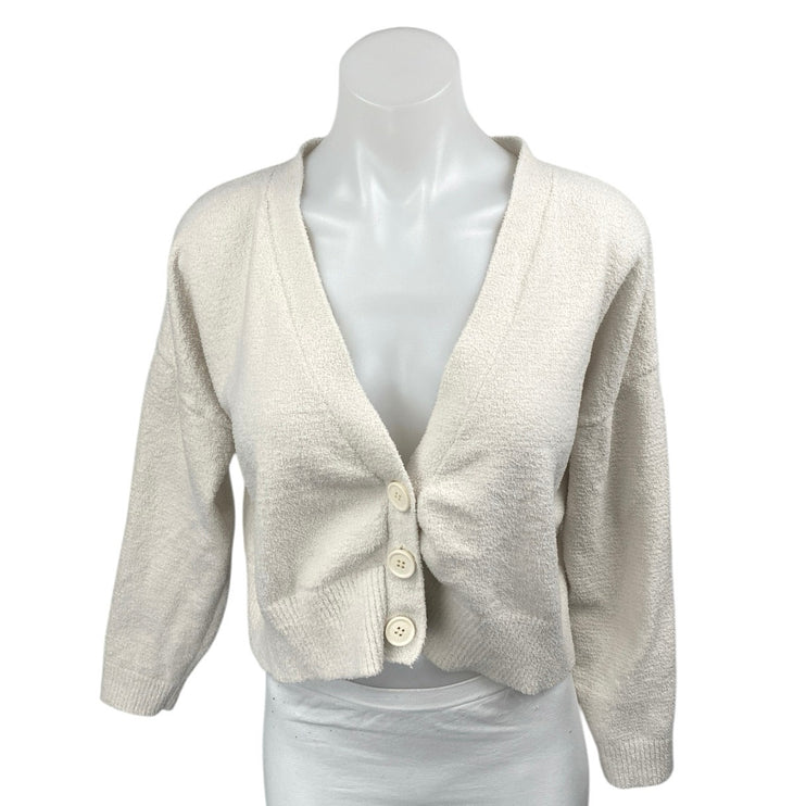 Aqua Women's White Long Sleeve Fleece Button Down Cardigan Sweater Top Size S