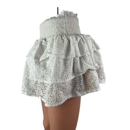Lolli White Smocked Embroidered Eyelet Tiered Ruffle High Waist Mini Skirt Sz M