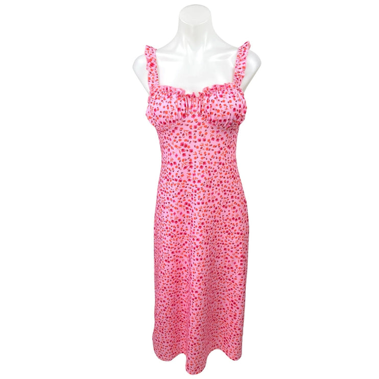 Commense Pink Floral Print Sleeveless Ruffle Ruched Midi Slip Tank Dress Size S