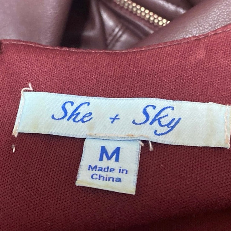 She + Sky Maroon Red Sleeveless Faux Leather Vegan A Line Mini Dress Size M