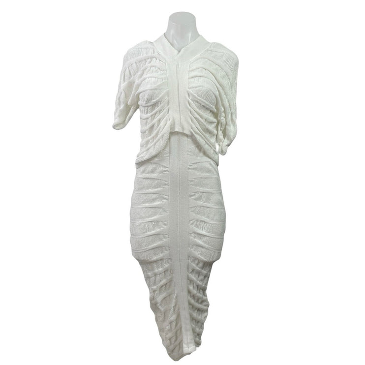 Love Series White Ruched Drape Knit Stretch Midi Bodycon 2 in 1 Dress Size S